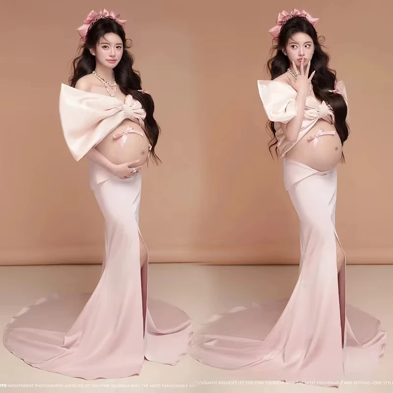 women-photography-props-white-elegant-bow-knot-maternity-dresses-pregnancy-dress-headband-studio-shooting-photo-props