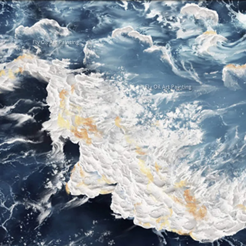 

Large Seawave Canvas Wall Art Blue Seascape Thick Oil Painting Handmade Modern Blue White Seawave Artwork For Living Room Decor