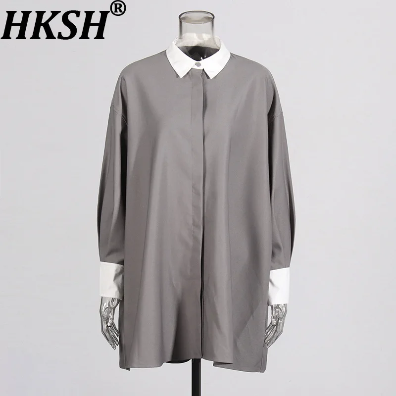 HKSH Frühling Herbst Neue Frauen Kurzes Kleid Farbe Block drehen-unten Kragen Mit Langen Ärmeln Elegante Trend Übergroßen Hemd Kleider HK16270