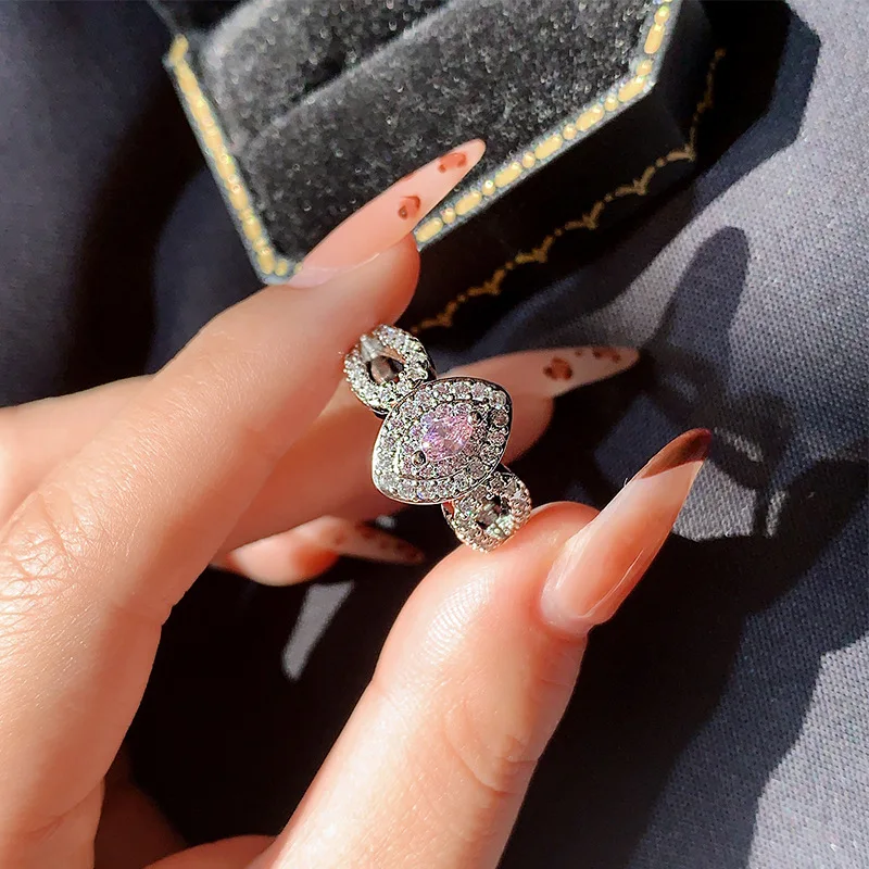 

Exquisite Hollow Water Drop Pear-shaped Oval Pink Crystal Diamond 925 Silver Ring Women's Valentine's Day Gift Jewelry