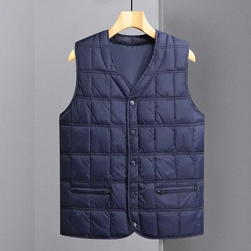 Men Winter Blue Duck Down Vest Large Size Striped Boys Sleeveless Jacket Oversize 4xl Lightweight Button Up Waistcoat Outerwear