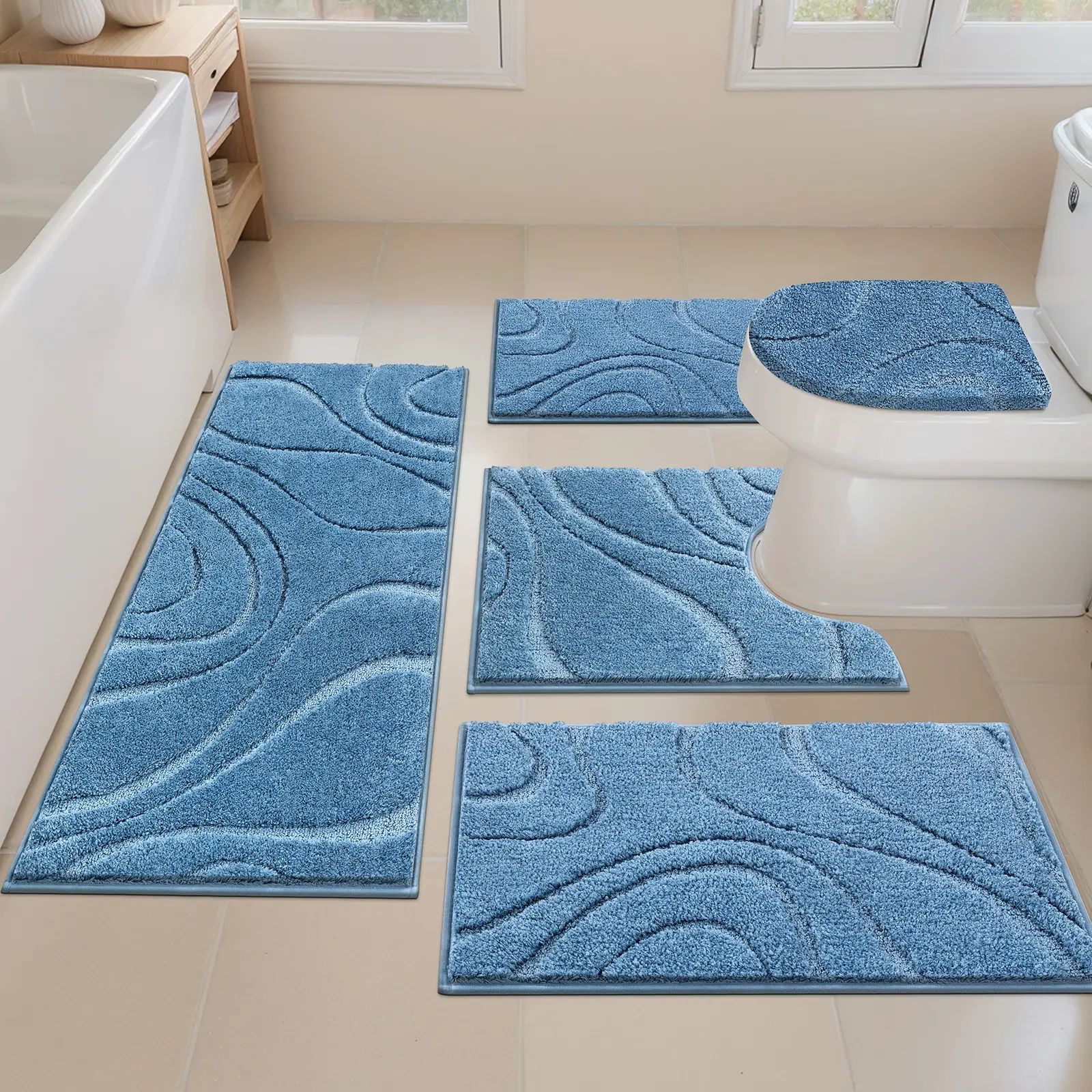 5‑Piece Washable Bathroom Rug Set, Soft Absorbent Microfiber Non‑Slip Bath Mats with Toilet Cover, Bath Runner & U‑Shaped Contour Rug, Home Bathroom Essentials