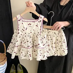 Conjunto de roupas de verão infantil, terno bonito, camisa de colarinho quadrado, shorts de cintura elástica, cereja estampa, crianças, meninas, 2-8 anos