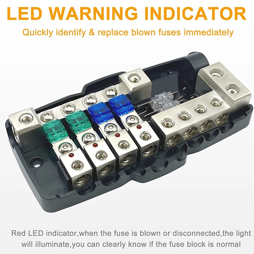 Блок предохранителей для распределения звука автомобиля с заземляющим мини-предохранителем распределительный блок 0/4GA 4-ходовые предохранители держатель усилитель красный индикатор