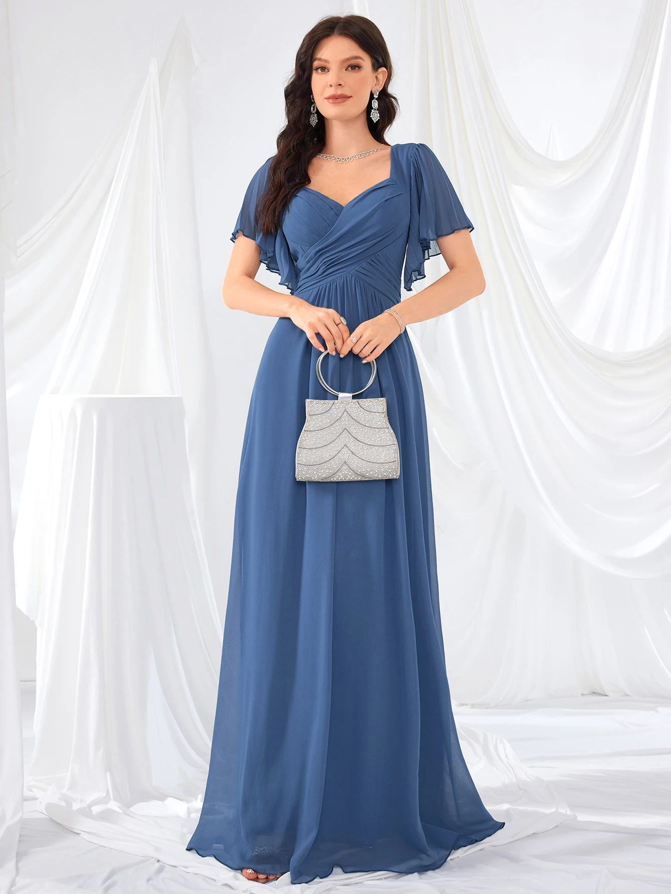 UNITHORSE Damska sukienka z szyfonu z dekoltem w szpic i koronkowym wykończeniem