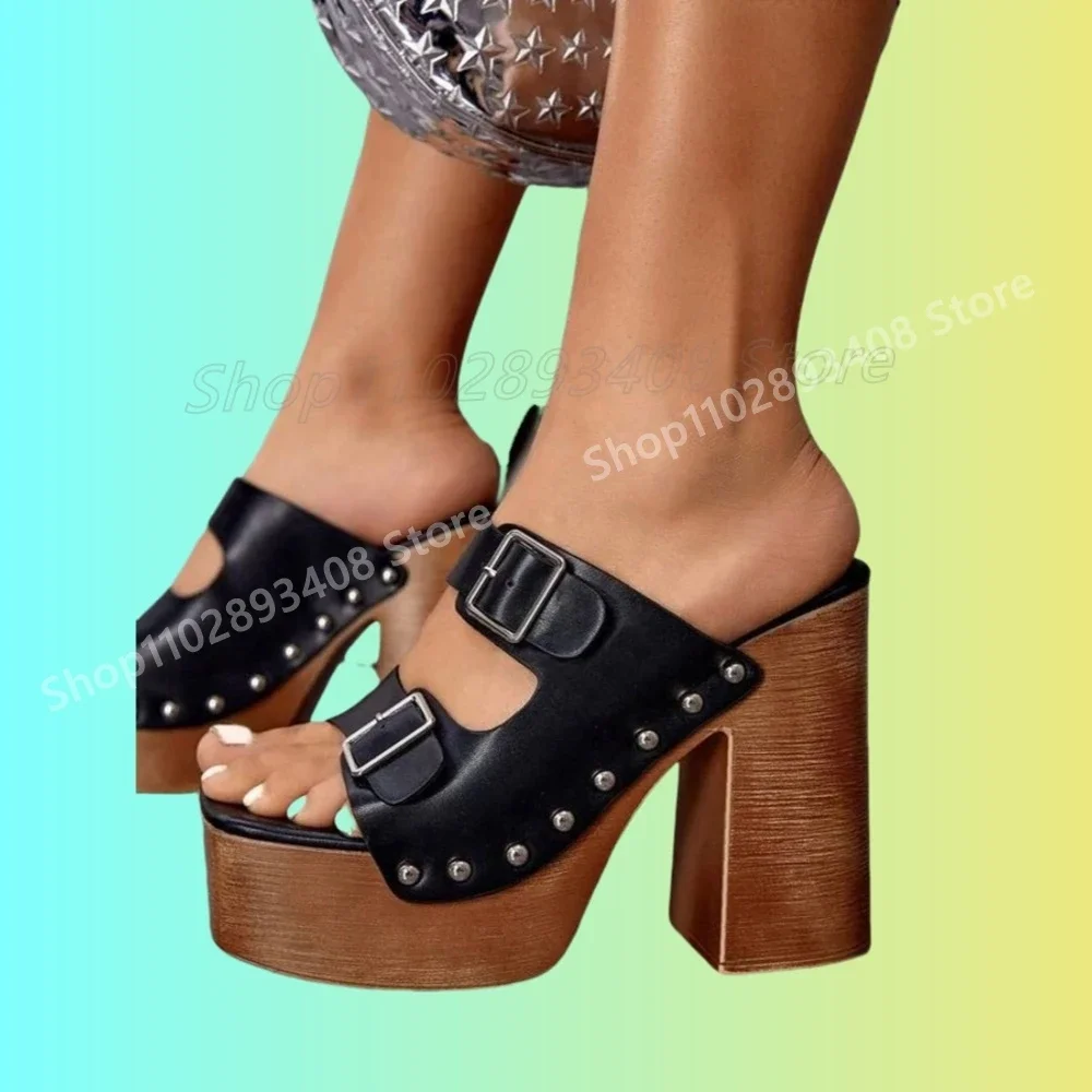 

Metal Rivets Retro Style Brown Buckle Belts Strap Slippers Chunky High Heel Work Shoes Women Shoes Summer Zapatos Para Mujere