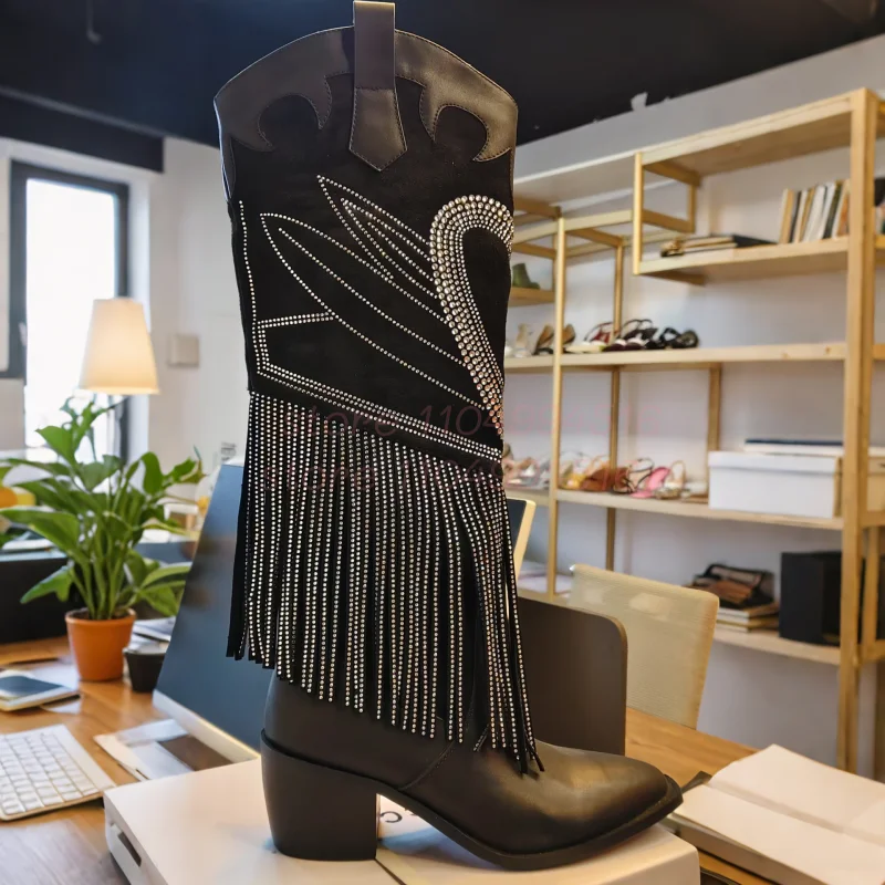 Women Embroidery Tassels Wedge Boots Shiny Crystal Swan Pattern Leather Knee High Boots Lady Party Luxury Fashion Western Shoes