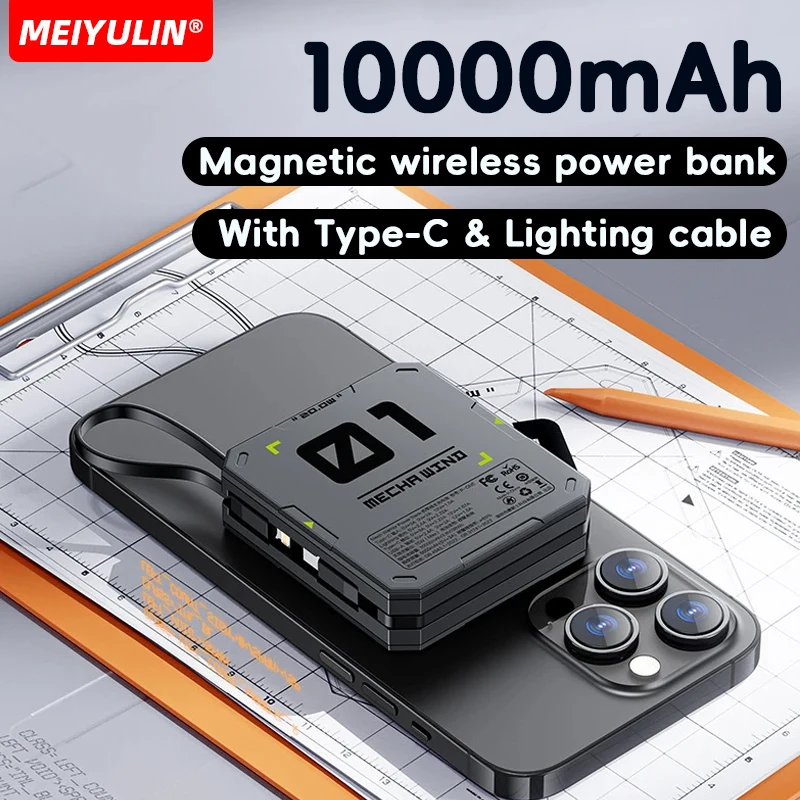 Banco de energía inalámbrico magnético de 10000mAh Cable incorporado USB C PD 20W batería externa de carga rápida para iPhone 15 Samsung Powerbank