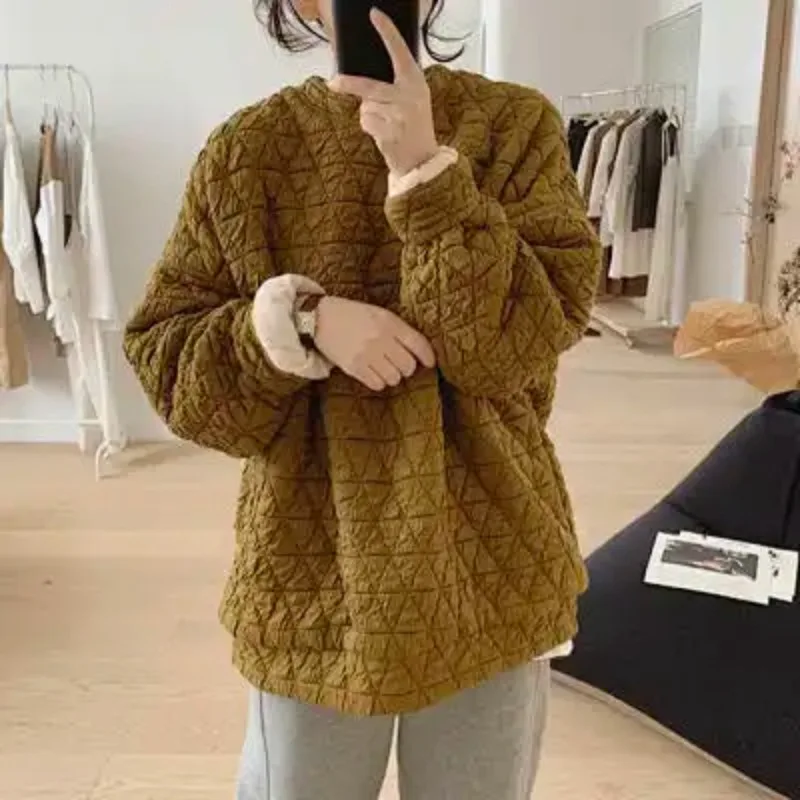 

Однотонный пуловер с круглым вырезом для женщин на осень и зиму, свободная стеганая нижняя рубашка для женщин, топ с длинными рукавами