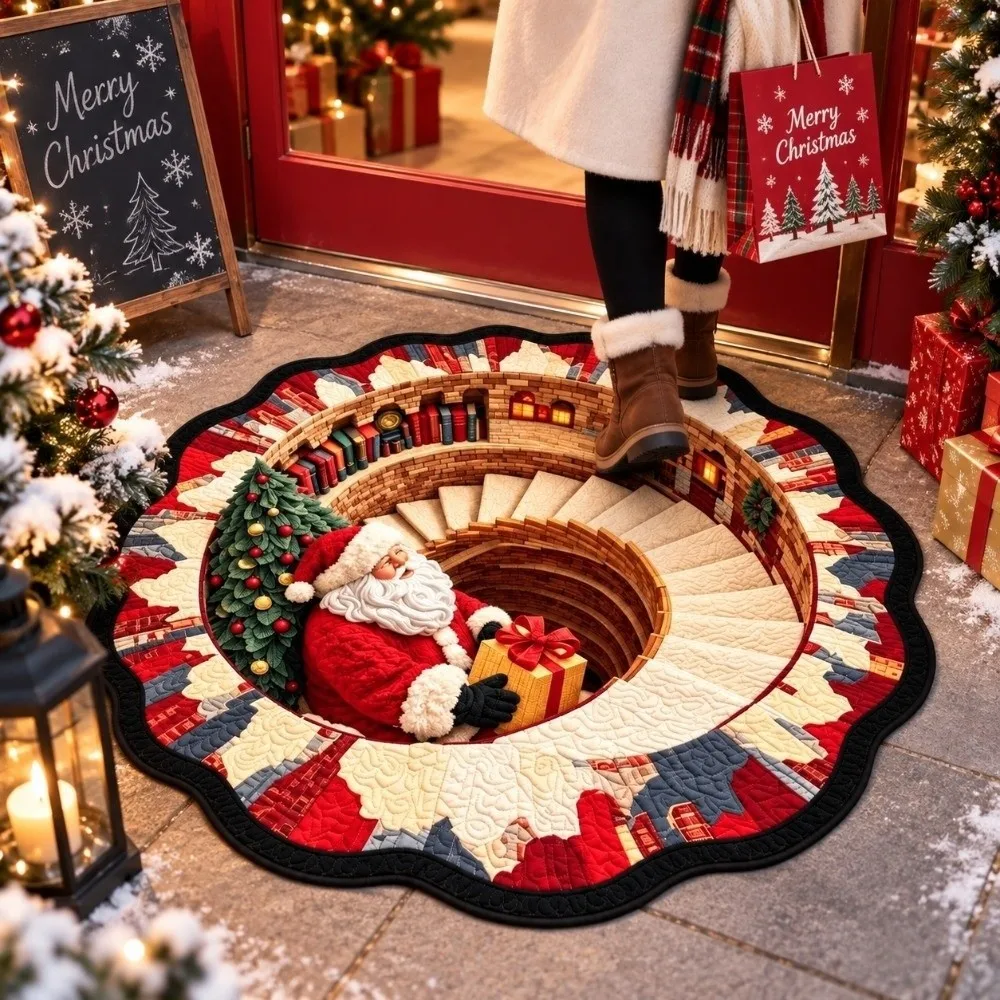 2D Flat Christmas Round Rug Bottomless Pit Polyester 3D Illusion Carpet Santa Pattern Washable Fabric Optical Delusion Doormat