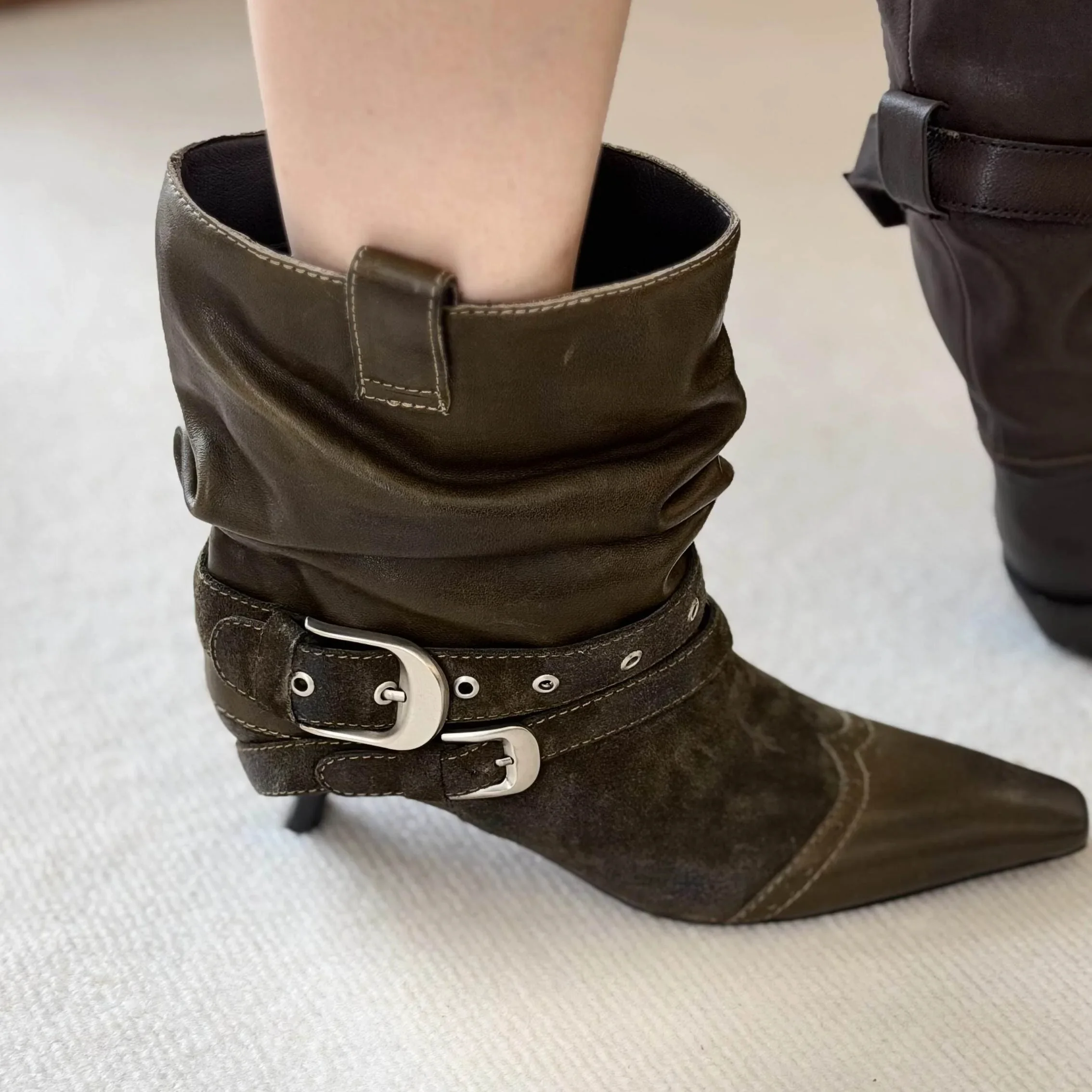 Women Brown Slouchy Western Ankle Boots Pointed Toe Double Buckle Strap Thin Heel Ruched Vintage Cowboy Heeled Boots