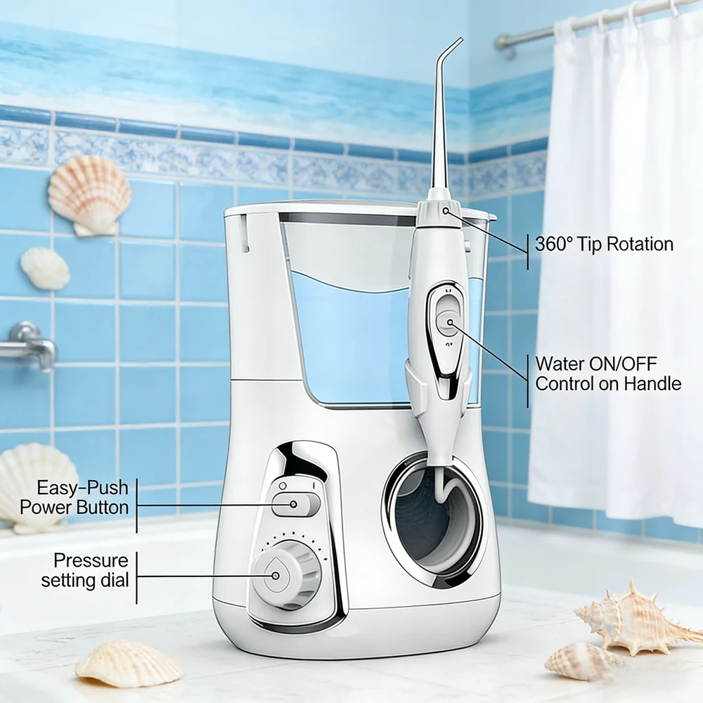 

IPX7 Водонепроницаемый настольный стоматологический ирригатор для воды 800 мл, 360 ° Уход за орошением, 10 режимов, 5 насадок, домашний инструмент для гидротерапии