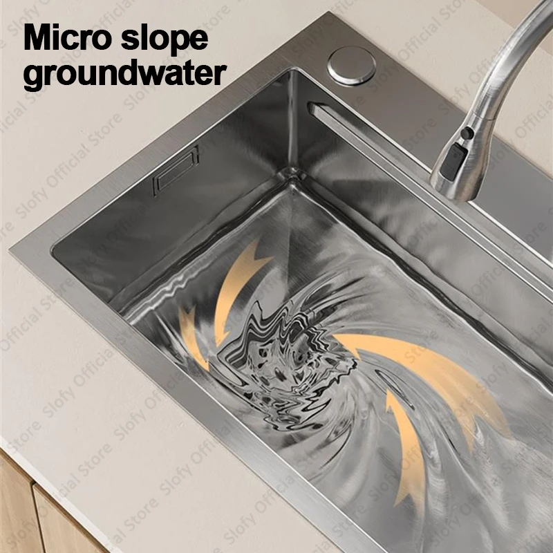 Fregadero de cocina de acero inoxidable, lavabo grande de un solo cuenco, resistente al desgaste, grifo de montaje superior, accesorios de drenaje