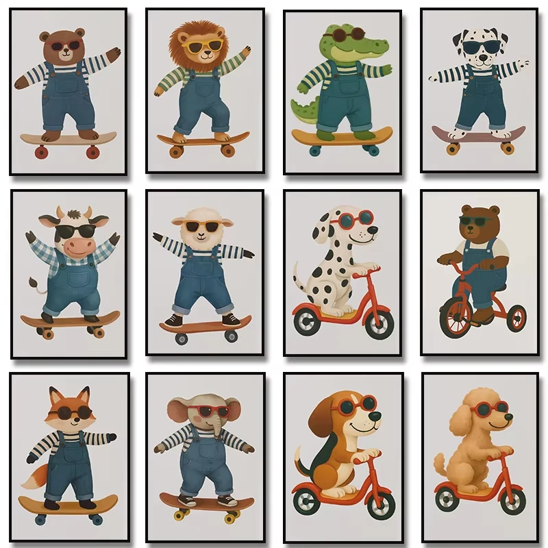 Cartoon Skateboarding Animals in Overalls Poster Dogs, Sheep, Cows, Bears, Lions, and Crocodiles on Canvas Children's Room Decor