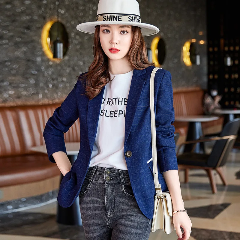 

Casual Blue Plaid Formal Blazer For Women 2023 Office Lady Single Button Long Sleeve Solid Coat Fashion Female Business Jackets