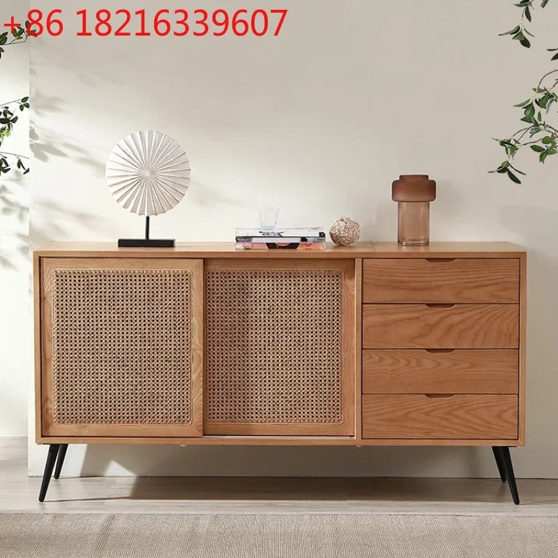Nordic Solid Wood Sideboard Japanese Simple Modern Rattan Locker Living Room Entrance Cabinet