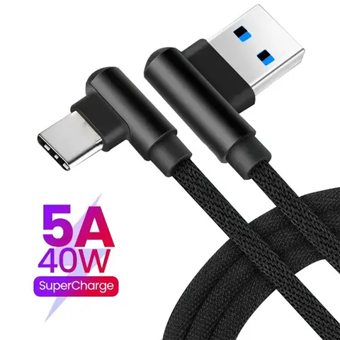 5A USB C Cable 90° Fast Charging Cable For Xiaomi Redmi Honor Huawei OnePlus Realme Angled Data Wire 1M 2M Nylon Braided Type C