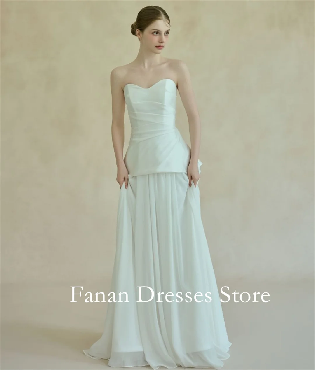 فساتين زفاف أنيقة مكشكشة على شكل قلب من FANAN على شكل حرف a بدون أكمام ورباط من الشيفون الساتان فساتين زفاف بسيطة  ওয়েডিংডেস আইভরি কিউ