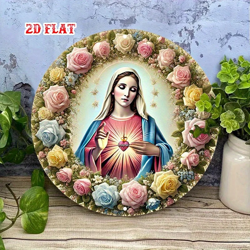 2D Flat, Sacred Icon Round - Virgin Mary with Radiant Heart & Floral Halo, Vintage Rustic Metal Wall Art Garage, Cafe