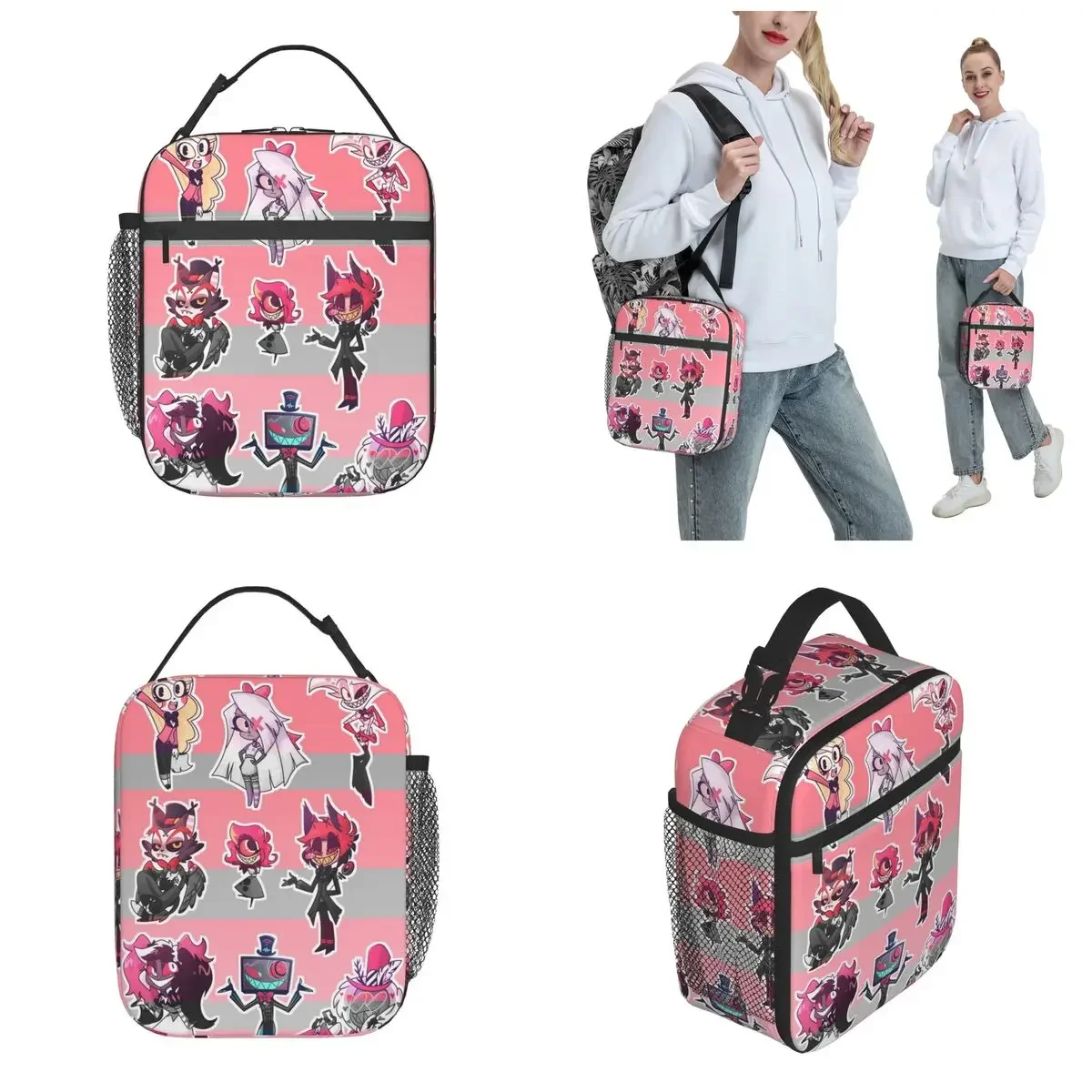 Hazbin Hotels Anime Insulated Lunch Bag Alastor Angel Dust Storage Food Box Reusable Cooler Thermal Lunch Boxes For Picnic