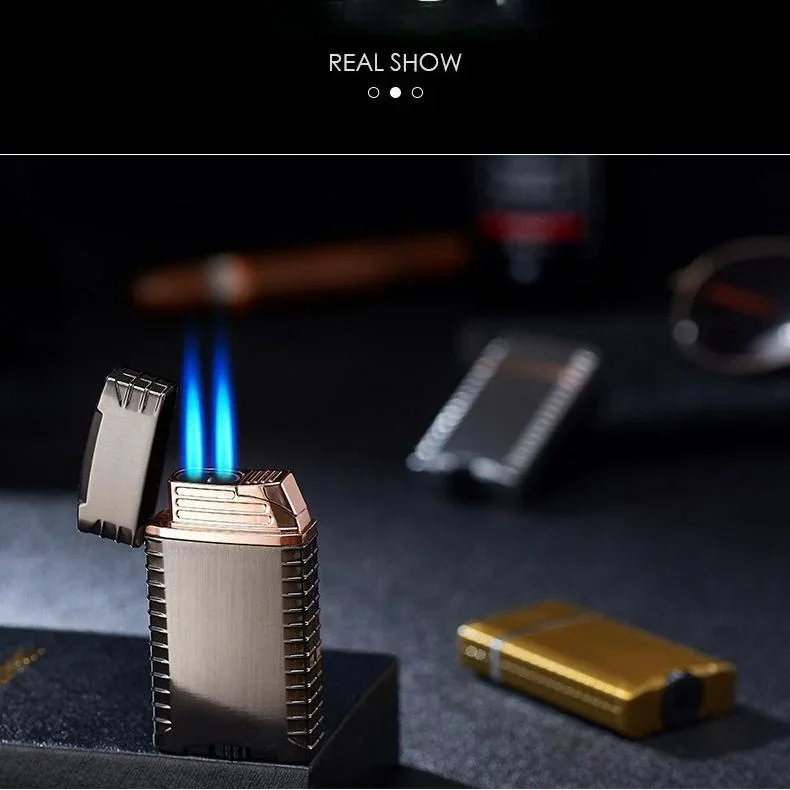 

Cigar Butane Lighters Smoking Accessories Metal Windproof Gas Lighter Double Blue Flame Cigarette Lighter (No Gas In)