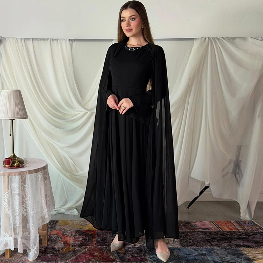 

Elegant O-Neck Black Chiffon Evening Dress Fashion Long Sleeves Prom Dresses Delicate Crystal Customized Special Occasion Gowns