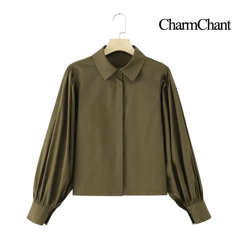 

CharmChant Women's Cropped Cotton Olive Green Puff Sleeve Shirt Spring Autumn 2026 Chic Modern Long Sleeve Blouse Tops for Woman