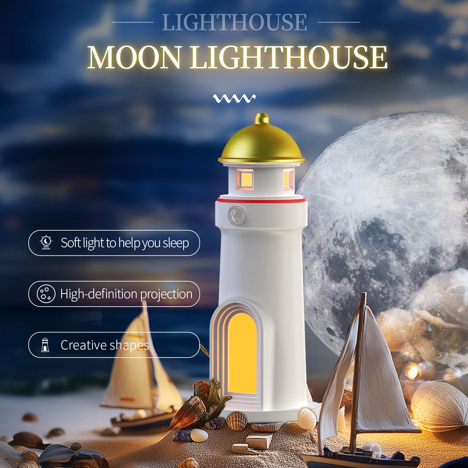 

Moon Motion Sensor Projector Night Light, Dimmable Lighthouse Galaxy Rechargeable Soft LED Aesthetic Table Lamp for Sleep Gift