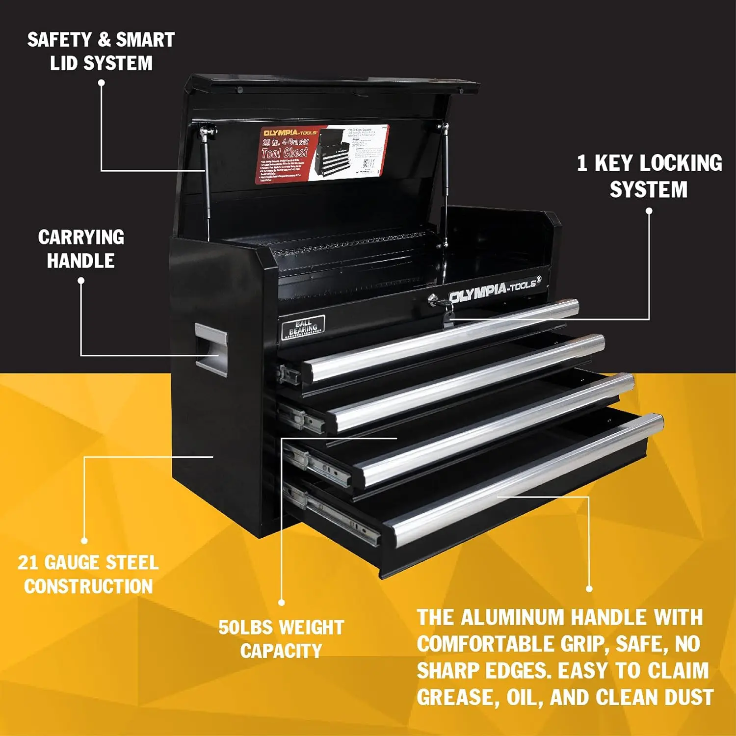 Portable Metal Tool Chest Box with Drawers - 26" Tool Chest Cabinet Ball Bearing Slide Drawers Locking