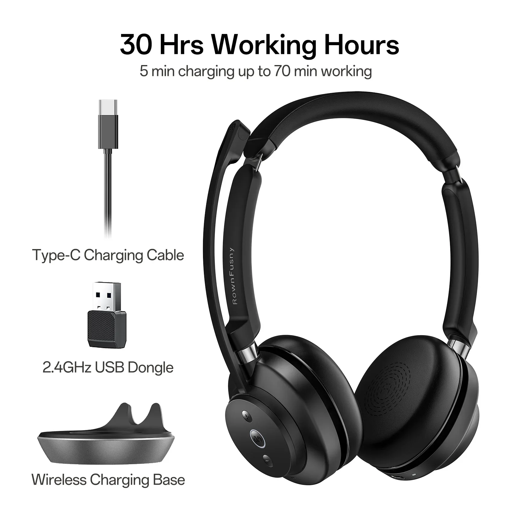 Rownfusny Kabelloses Headset mit Mikrofon für Arbeit Bluetooth Over-Ear-Kopfhörer USB-Dongle für Computer/Remote-Arbeit/Callcenter – Detail 19