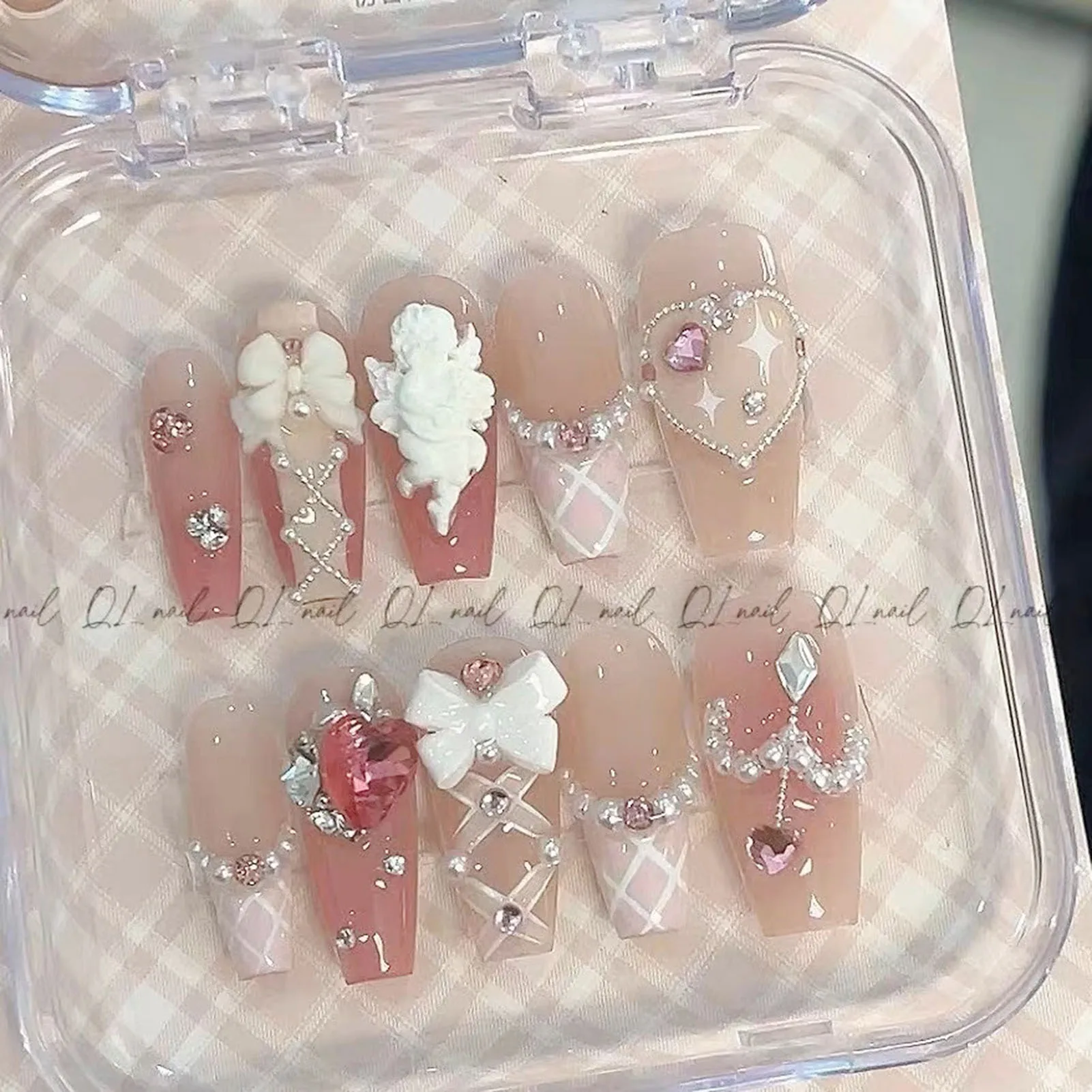 

Handmade Blush Pink False Nails Medium T 3D Bowknot Pearl Designs With Ballet Ribbon Decor Ballerina Reusable Manicure 10pcs