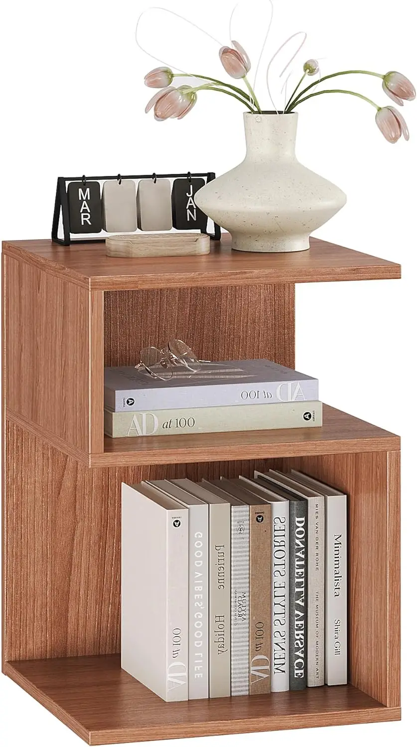 3-Tier Wood Nightstand For Small Spaces With Open Storage - Japanese-Inspired Bedside Table For Bedroom (Walnut)