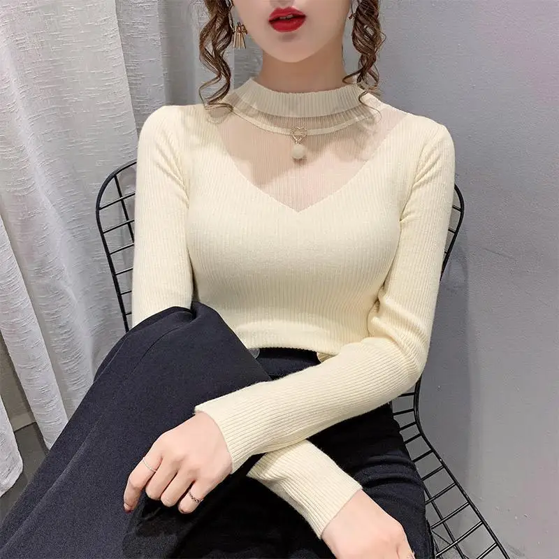 Women Autumn Winter Fleece Mock Neck Patchwork Net Yarn Knitwear Ladies Trend Slim Hollow Out All-match Knitting Bottoming Shirt