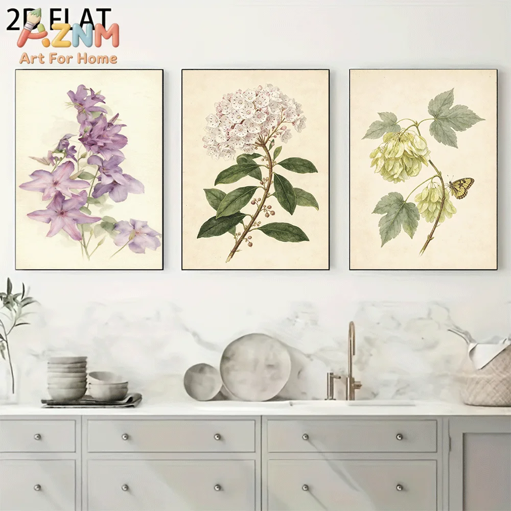 AZNM Frameless Canvas Wall Art, Vintage Botanical Purple White Flower Butterfly Print, Antique Watercolor Floral Wall Decor for