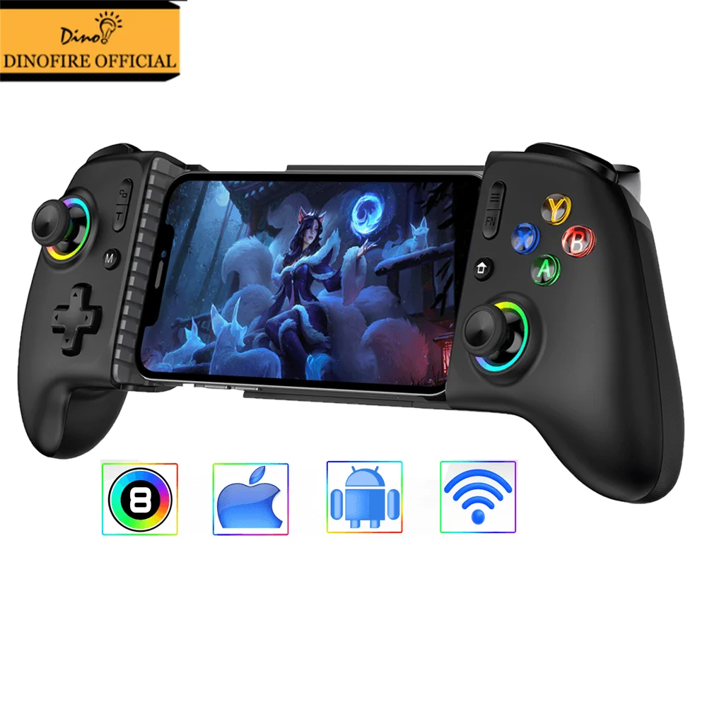 

DinoFire Wireless Phone Controller for iPhone/Android with Hall Joystick RGB Game Controller for iPhone Stretchable Gamepads