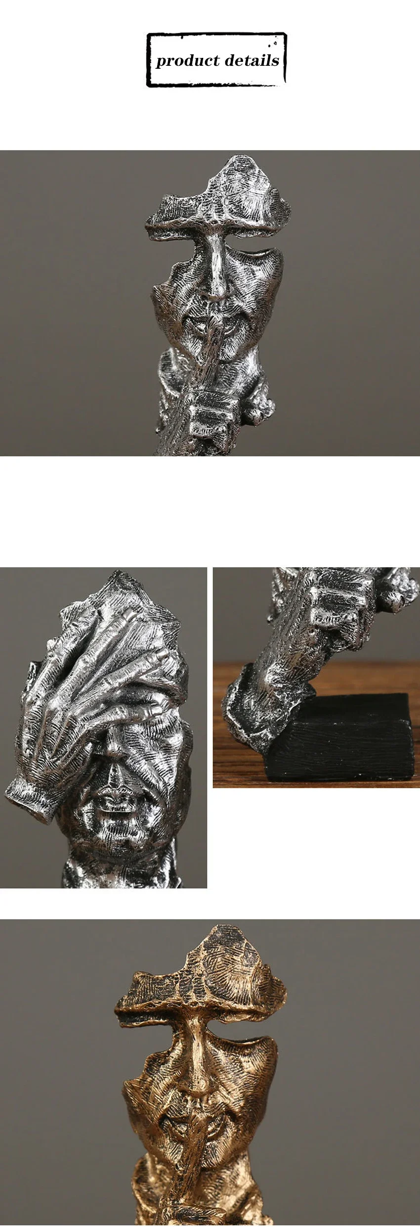 17 cm Wohnkultur Abstrakte Stille Ist Gold Figur Harz Hand Gesicht Stille Männer Statue Skulptur Hause Büro Wohnzimmer Dekoration – Detail 6