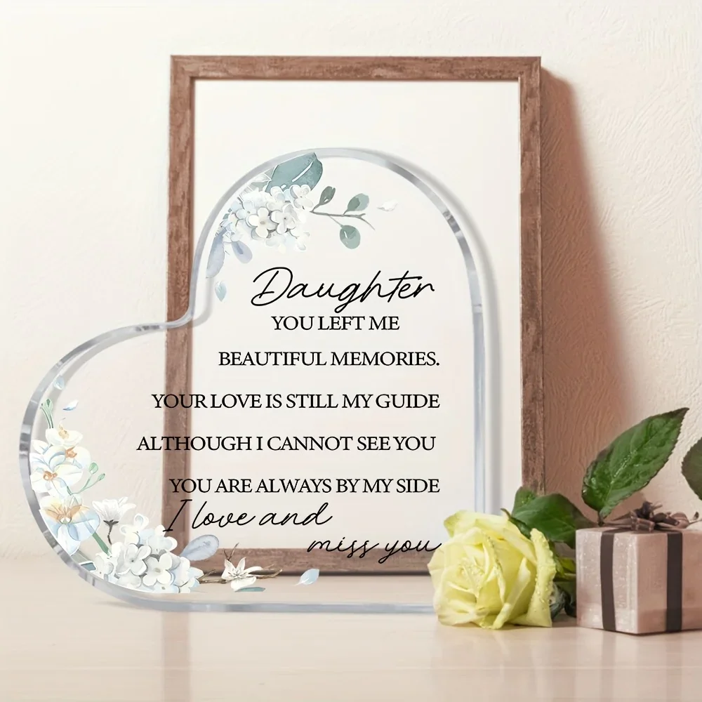 Soft Blue Flower Heart Acrylic Keepsake Plaque, Sympathy Table Ornament for Grieving Parents,Heart‑Shaped Acrylic Condolence Gift, Loving Memories Poem for Deceased Daughter Desktop Decoration