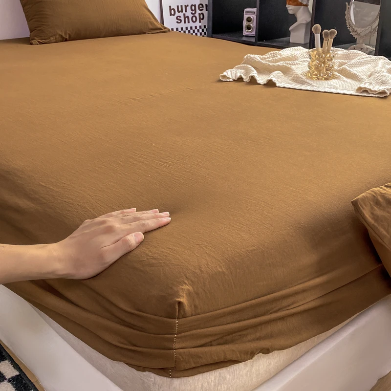 Washed Cotton Fitted Sheet with Elastic Bands Non Slip Adjustable Mattress Cover for Double King Queen Bed 90x200 150x200 180
