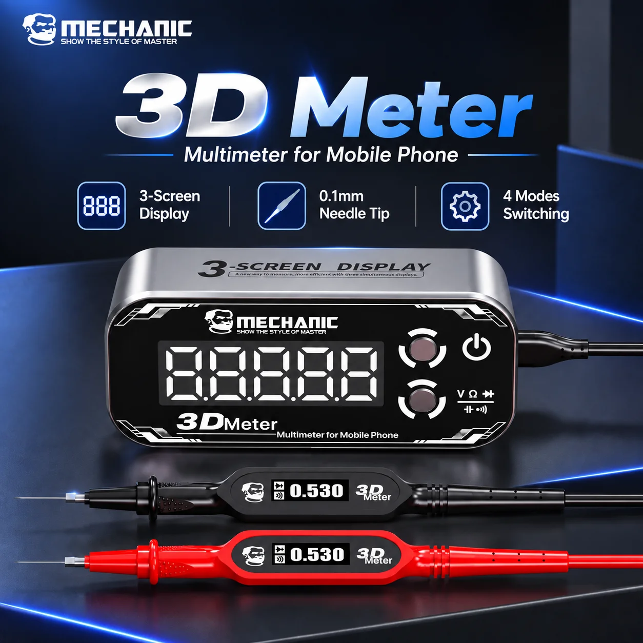 MECHANIC 3D Meter Digital Multimeter Triple Display 4 Modes 2000mAh Battery 0.1mm Needle Tips for Mobile Phone PCB IC Repair