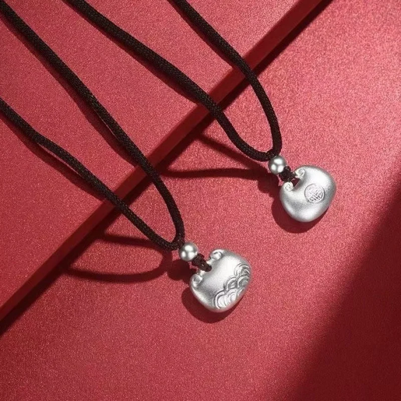 Silver 999.9 Solid Small Bag Pendant Necklace Double-Sided Fat Lucky Cloud