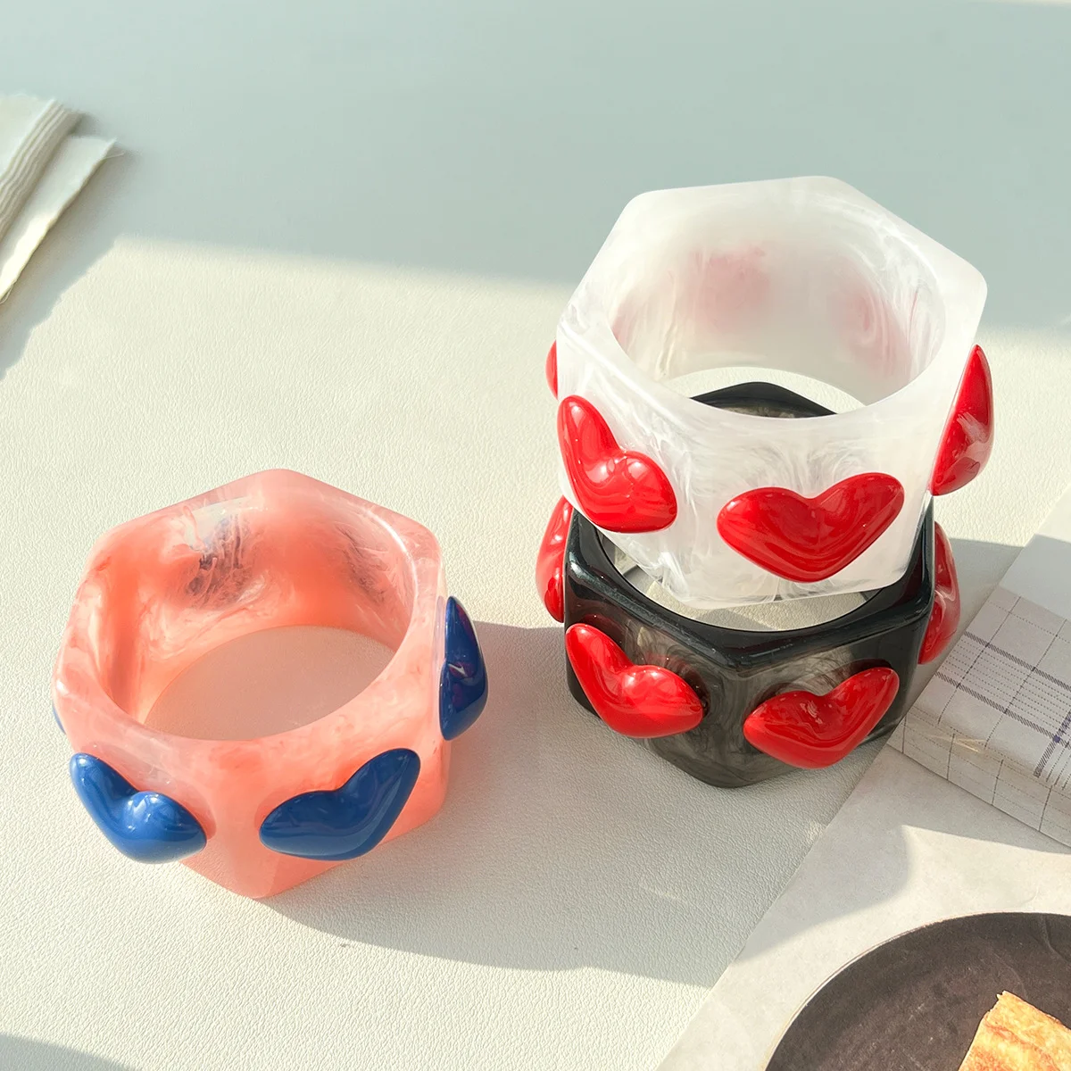 Cute Love Heart Tie-Dye Resin Bangle for Women Hexagon Minimalist Style Fashion Bracelet Hand Jewelry for Daily Wear