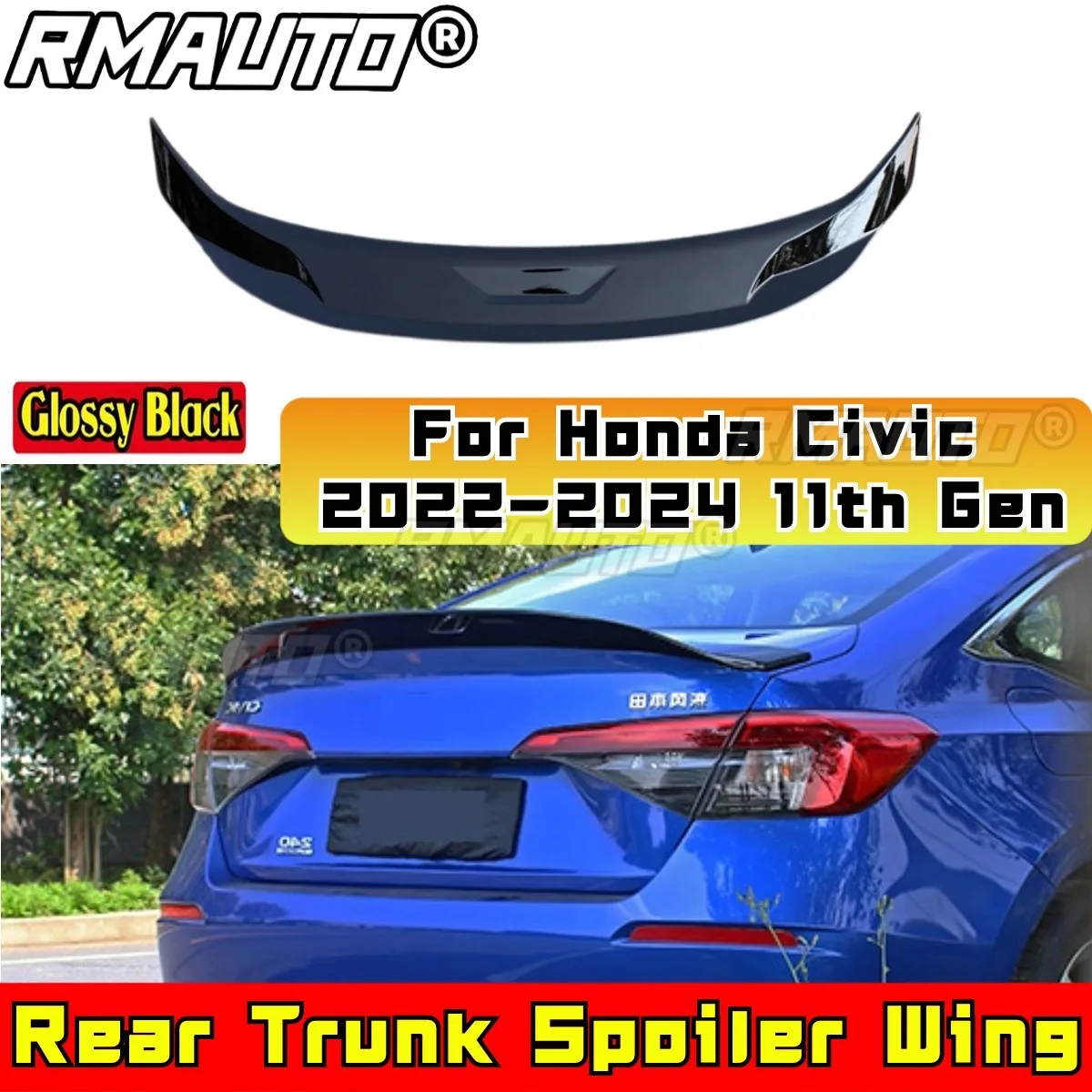 For Honda Civic 2022-2024 11th Gen Rear Trunk Spoiler Wing Rear Roof Wing Rear Trunk Spoiler Body Kit Car Accessories