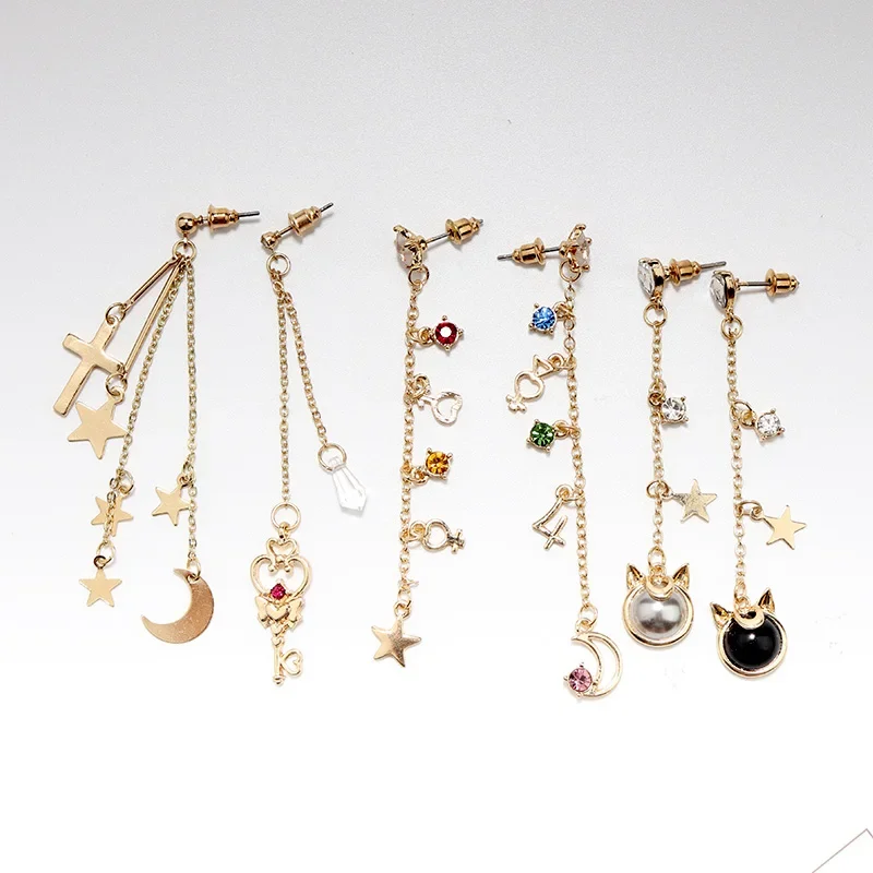 12 Styles Series Set Rhinestone Long Star Moon Tassel Earrings Luna Cat Key Wand Sailor Moon Earrings For Women Lady Girls Gifts