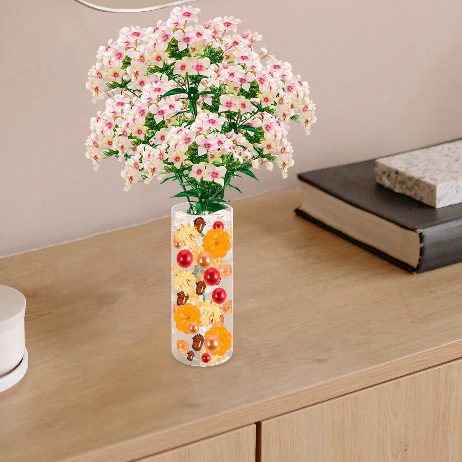 ชุดตกแต่งโต๊ะฤดูใบไม้ร่วง 1 ชุด ประกอบด้วยลูกปัดลอยน้ำรูปฟักทองใบเมเปิลและเฮเซลนัท สำหรับตกแต่งแจกันในวันขอบคุณพระเจ้า ฟักทองพลาสติกขนาดเล็ก