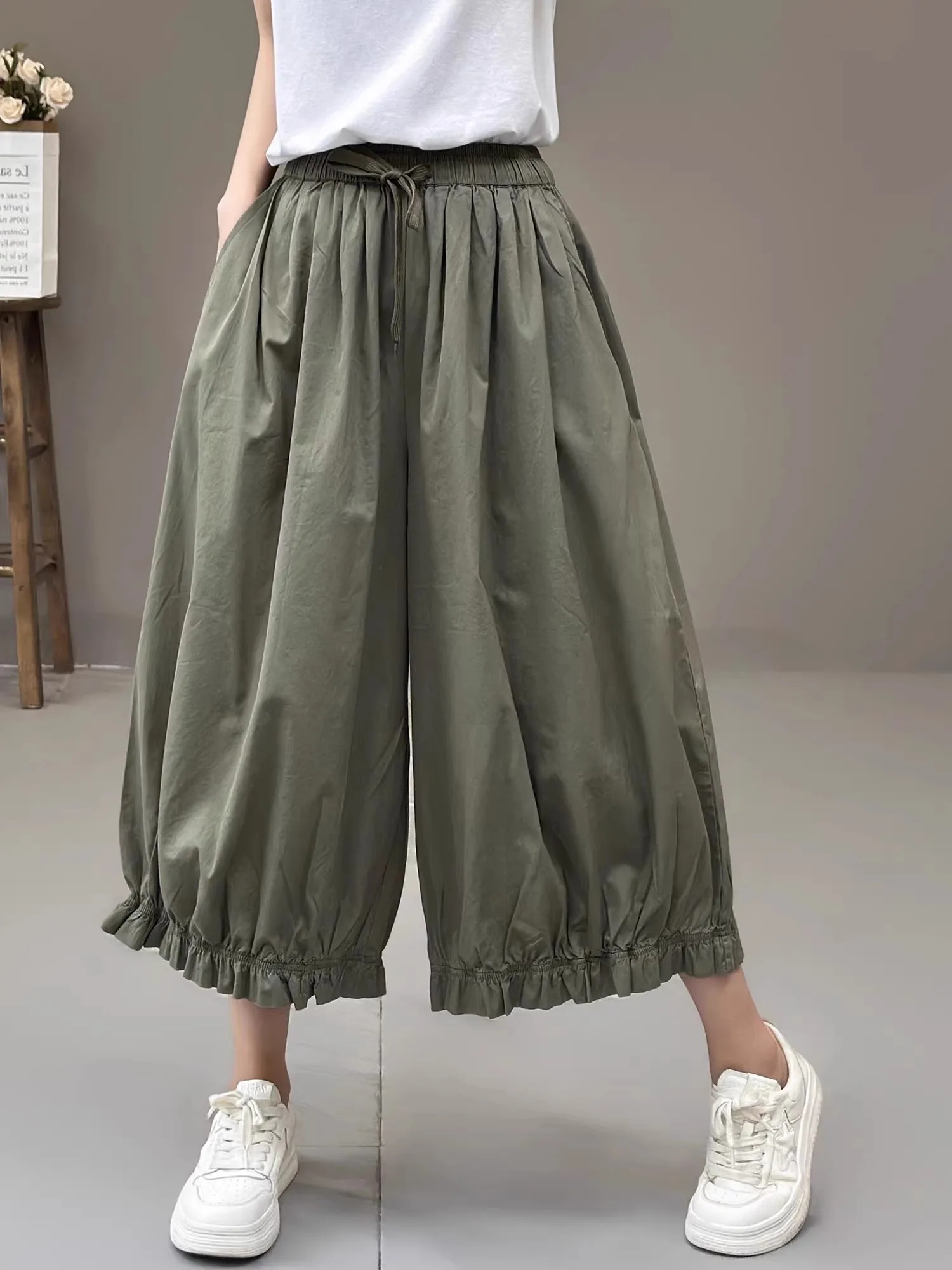 

Oversized Bud Pants 2025 New Summer Retro Casual Loose Women Wide Leg Pants All Match Drawstring Ruffles Large Size Trousers