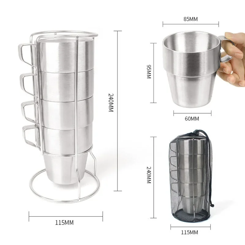4Pcs 304 Stainless Steel Coffee Mugs Set with Rack, Anti-hot Tea Coffee Beer Cups