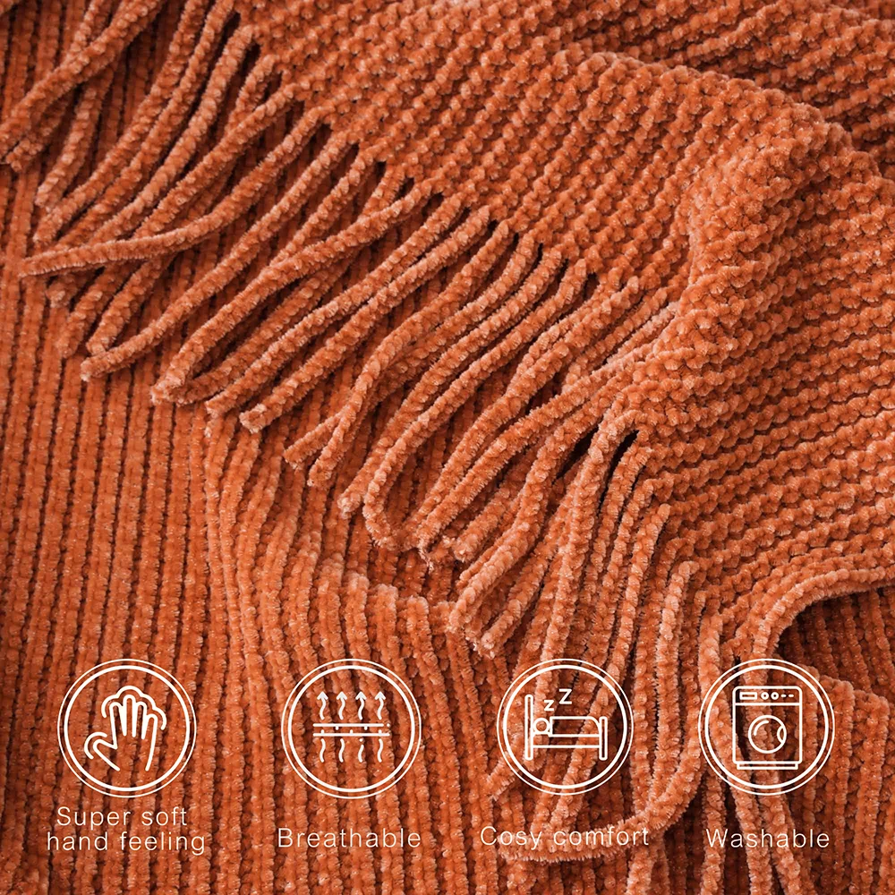 Battilo Chenille Knit Blankets with Tassels Caramel Plaid Throw Blanket for Bed Couch Decorative Sofa Blanket Bedroom Fall Decor
