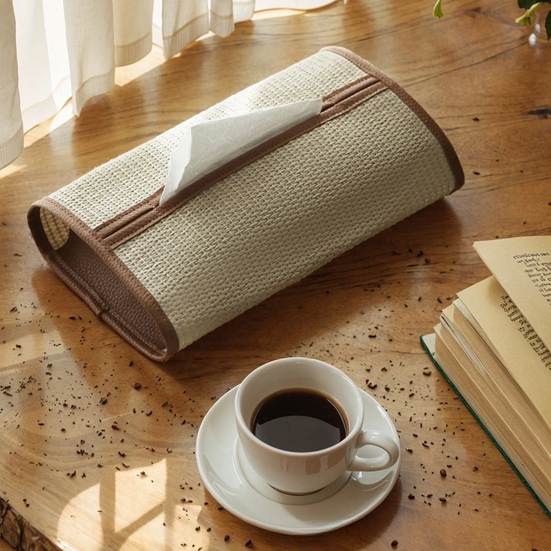 Mid-century style high-end light luxury tissue box, woven storage bag