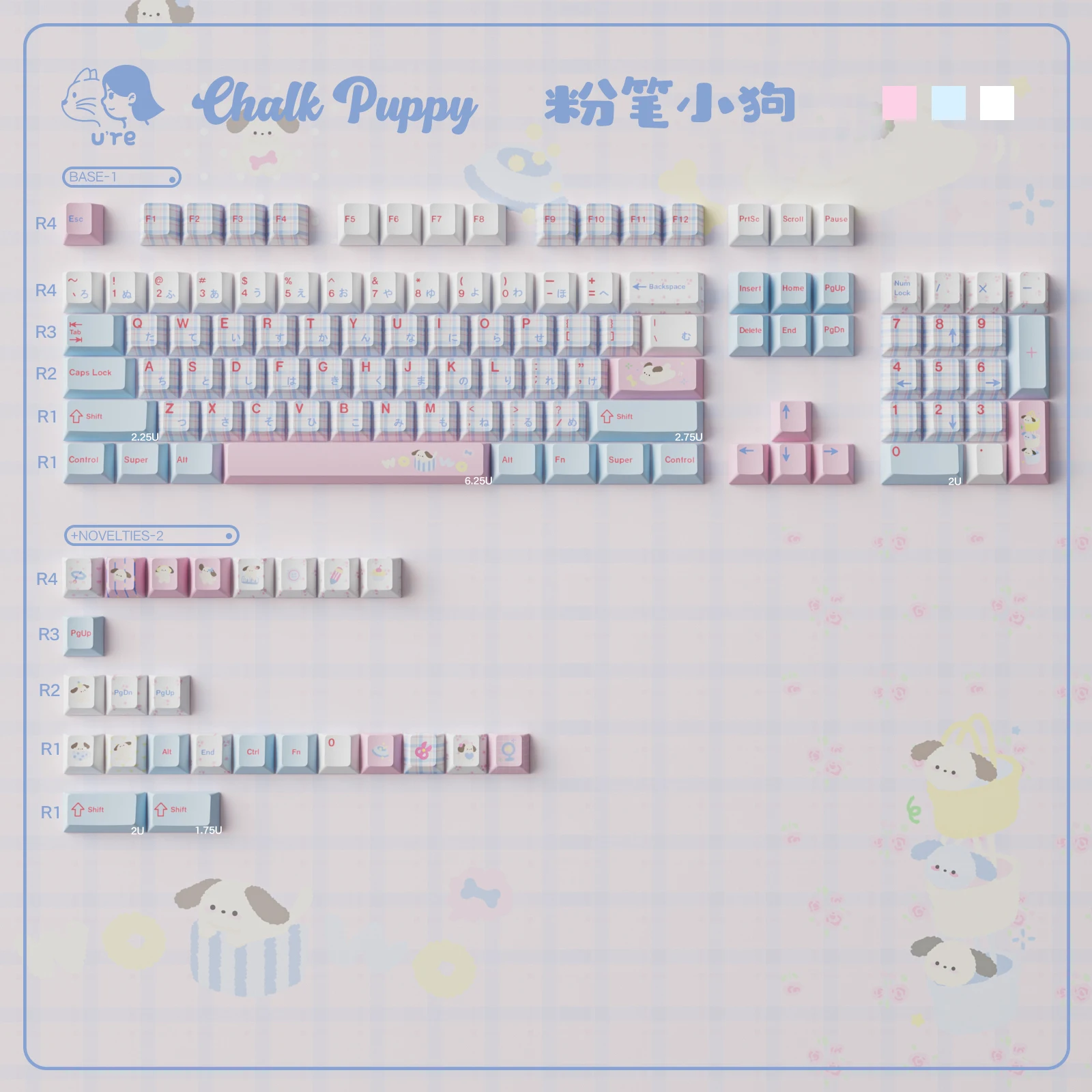 

Chalk Puppy Japanese Keycaps 129 keys Dye Sub Cherry Profile PBT Keycap sets Cute Pink Blue for MX Mechanical Keyboard