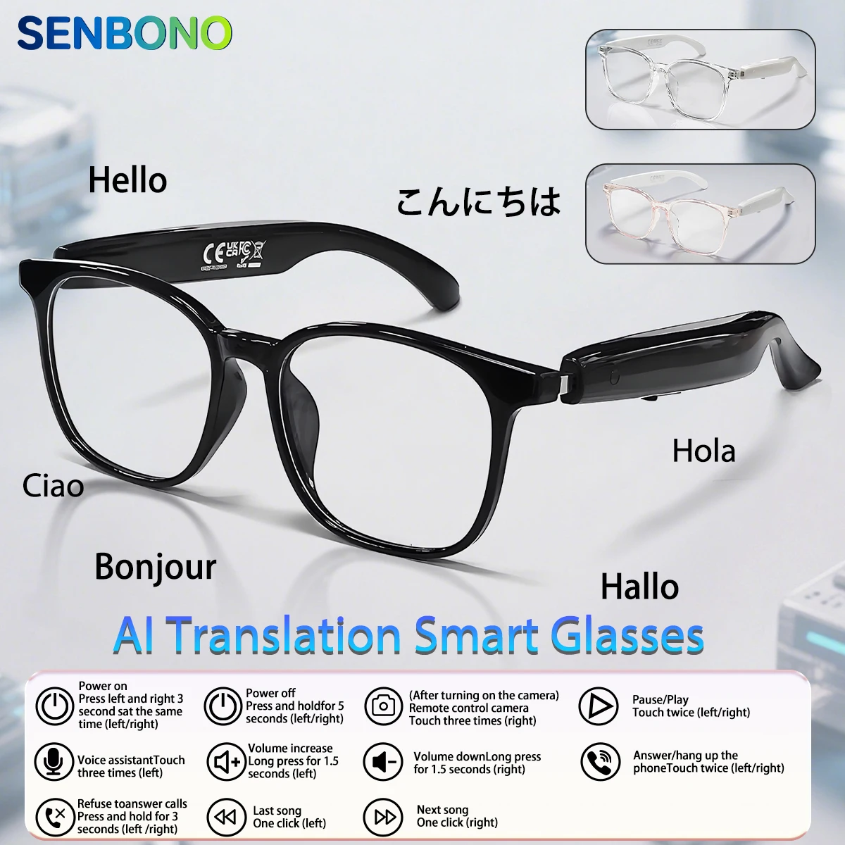 SENBONO AI Translation Smart Glasses Answer/Reject Call Music Control Wake-up Voice Blue Light Blocking Glasses for Men Women